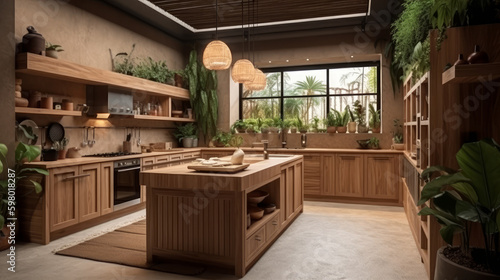 Modern kitchen interior made of natural wooden material, generative ai