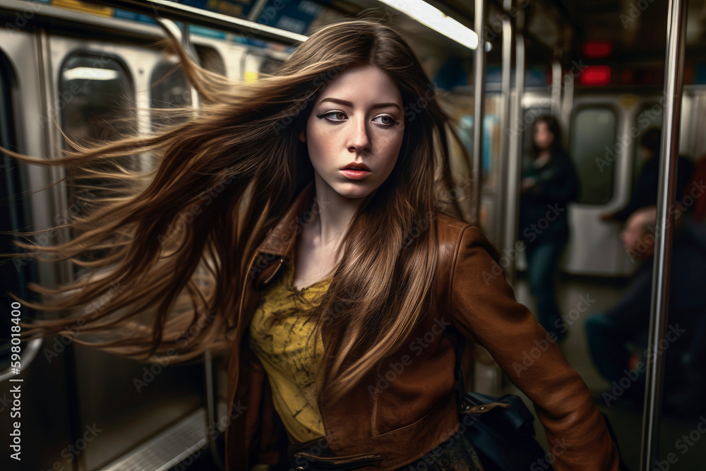 Generative AI illustration Beautiful young girl with long hair in the New York subway