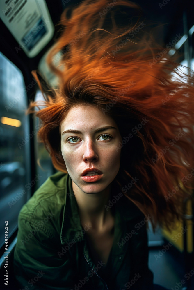Generative AI illustration Beautiful young girl with long hair in the New York subway Generative AI illustration Beautiful young girl with long hair in the New York subway