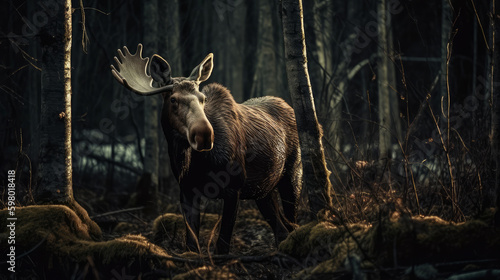 Moose in dramatic lighting in forest  generative ai