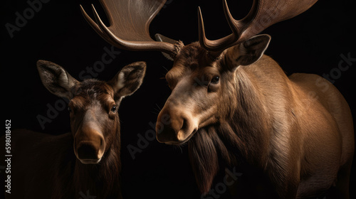 Moose in dramatic lighting in forest, generative ai © TheGoldTiger