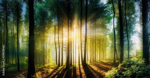 Rays of sunlight through a beautiful green forest landscape background. Generative AI. © Greg Tomas
