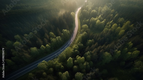 Aerial view of winding road along green forest day landscape background. Generative AI.