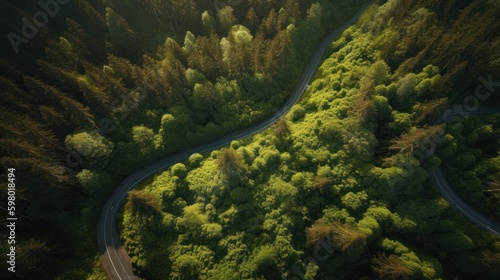 Aerial view of winding road along green forest day landscape background. Generative AI. © Greg Tomas
