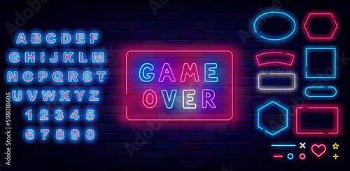 Game over neon label. Colorful handwritten text. Frames set. Loss inscription. Glowing advertising. Vector illustration