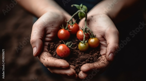 tomatoes in hand, organic food concept in female hands, generative ai © TheGoldTiger