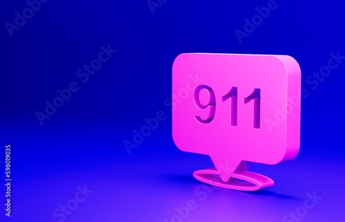 Pink Telephone with emergency call 911 icon isolated on blue background. Police, ambulance, fire department, call, phone. Minimalism concept. 3D render illustration © Kostiantyn