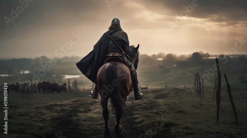 Full figure viking varrior on horseback, generative ai photo
