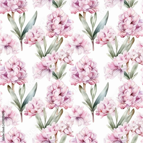 Seamless pattern with many pink hyacinths on white background in watercolor style. Generative AI.