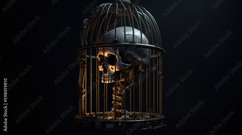 Skeleton hanging in a cage, generative ai
