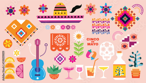 Happy Cinco de mayo set elements with guitar, sombrero, pepper, tequila, firework, pattern Translation from spanish - Cinco de Mayo - May 5 federal holiday in Mexico.Vector illustration Mexico