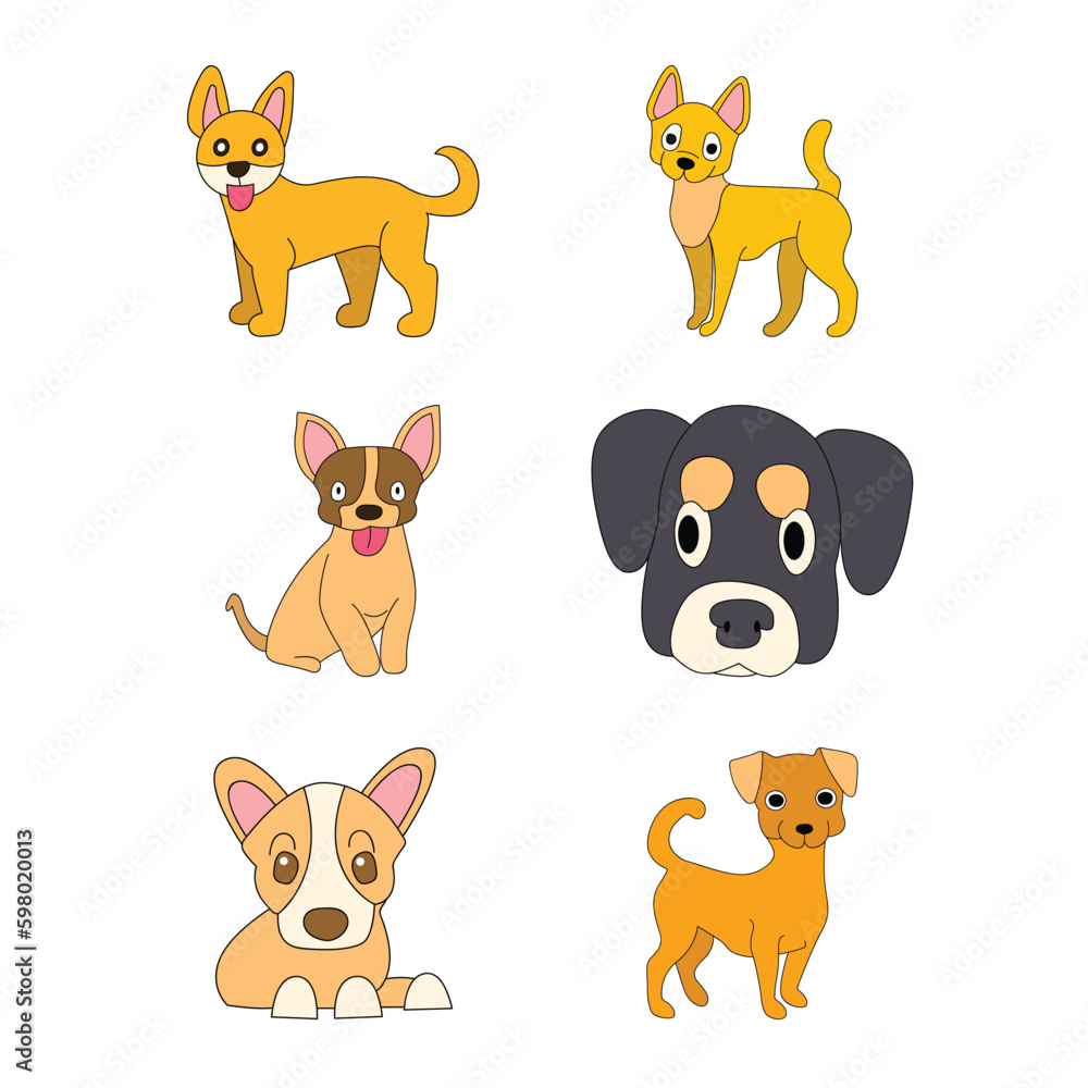 Obraz premium Cute dogs doodle vector set. Cartoon dog or puppy characters design collection with flat color in different poses. Set of funny pet animals isolated on white background. Doodle dog print.