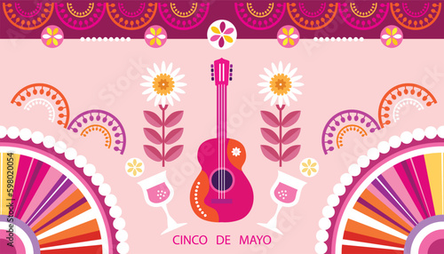Happy Cinco de mayo template poster with guitar, sombrero, pepper, tequila, firework, pattern Translation from spanish - Cinco de Mayo - May 5 federal holiday in Mexico.Vector illustration Mexico