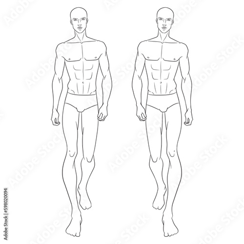 Male fashion model walking on the podium. Nine-head fashion figure template. Handsome young man, vector line illustration. Man fashion sketch.