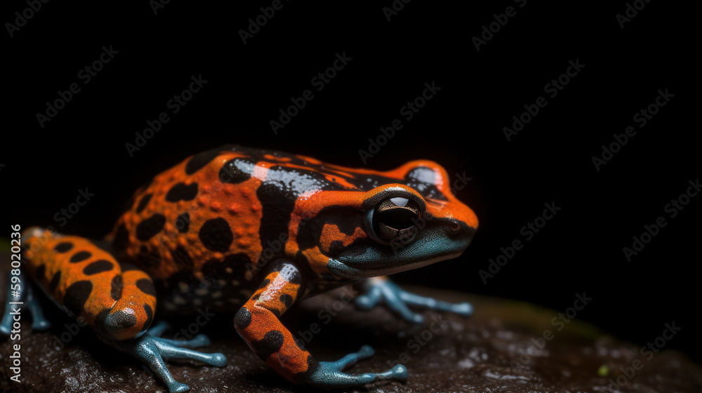 Obraz premium Poison dart frog on black backdrop, generative ai