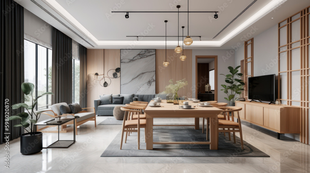 Residental apartment living room and dining room with kitchen and furniture in modern style, generative ai Residental apartment living room and dining room with kitchen and furniture in modern style, generative ai