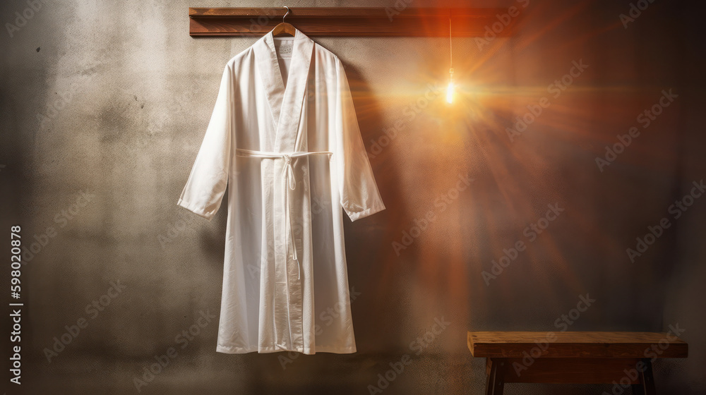 Robe and first communion alb on coat rack, generative ai