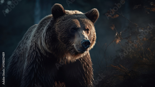 brown bear in the forest, grizzly bear in dark, generative ai
