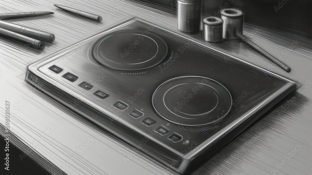 Obraz premium Simple pencil drawing about flat induction cooking desk, generative ai