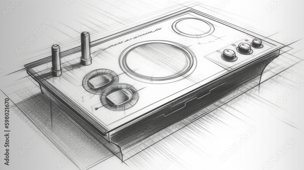Fototapeta premium Simple pencil drawing about flat induction cooking desk, generative ai