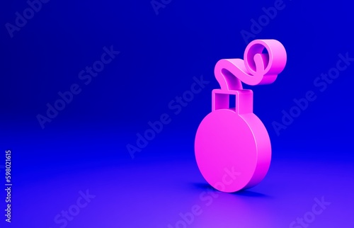 Pink Bomb ready to explode icon isolated on blue background. Minimalism concept. 3D render illustration