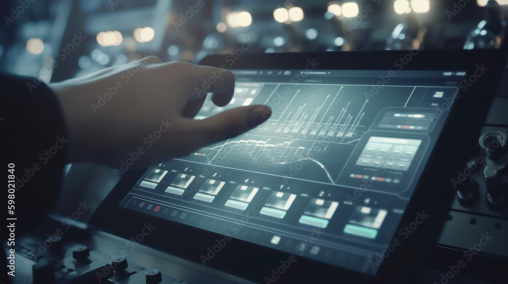 Fototapeta premium Smart industry control concept, hands holding a tablet, generative ai