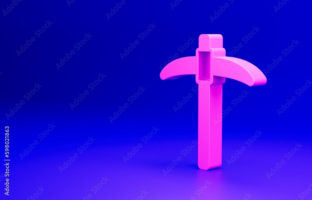 Pink Pickaxe icon isolated on blue background. Minimalism concept. 3D render illustration