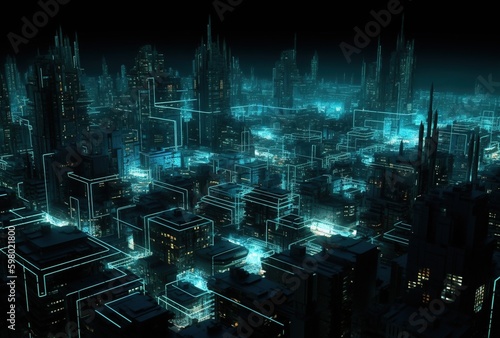 Futuristic city. Buildings, lights and street. Generative AI. Future concept. 