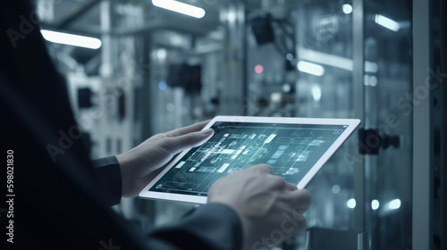 Smart industry control concept, hands holding a tablet, generative ai