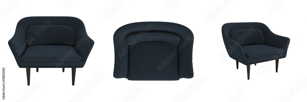 Chair in front, side and Top angles, interior furniture on white background, chair in different positions, Set of three chairs in different view angles, different angle, chairs set in various points o