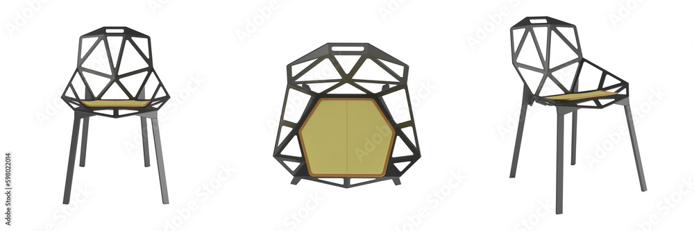 Chair in front, side and Top angles, interior furniture on white background, chair in different positions, Set of three chairs in different view angles, different angle, chairs set in various points o Chair in front, side and Top angles, interior furniture on white background, chair in different positions, Set of three chairs in different view angles, different angle, chairs set in various points o