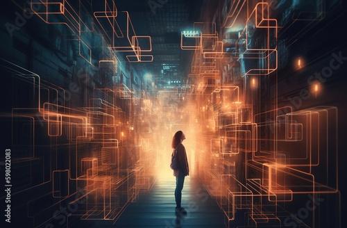 Walking in a futuristic city. Generative AI. Future concept. Hi-tech cities. 