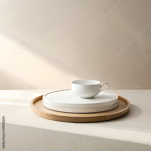 Two minimal modern wooden round tray podium on white glossy table counter in daylight, leaf shadow on beige wall background, smart, elegant