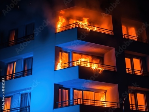 fire burns out of a building, light orange and blue © Fotostockerspb