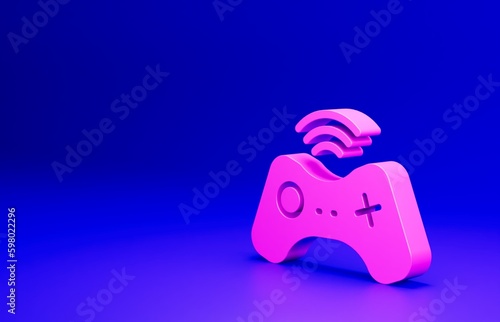 Pink Wireless gamepad icon isolated on blue background. Game controller. Minimalism concept. 3D render illustration