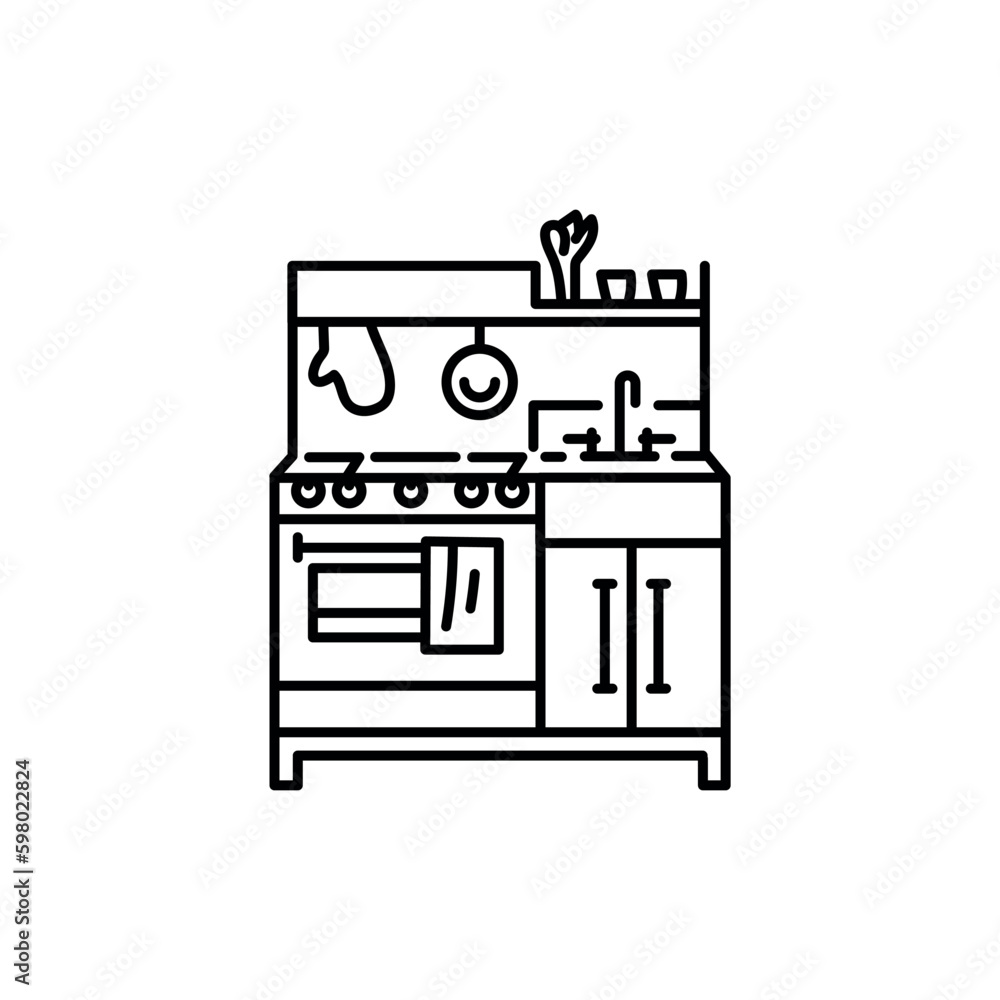 Child toy kitchen black line icon. Child toy kitchen black line icon.