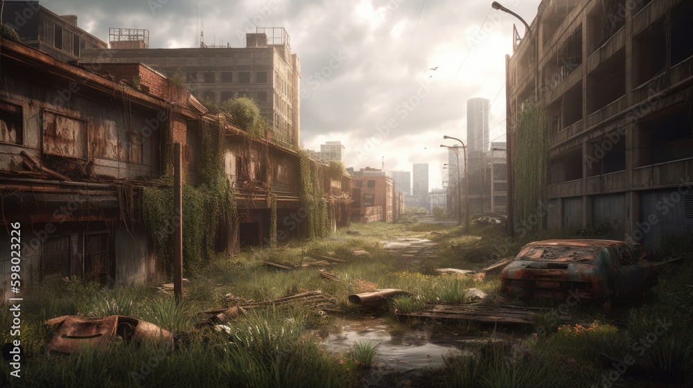 A desolate cityscape with ruins, vegetation and rusty old cars, generative ai