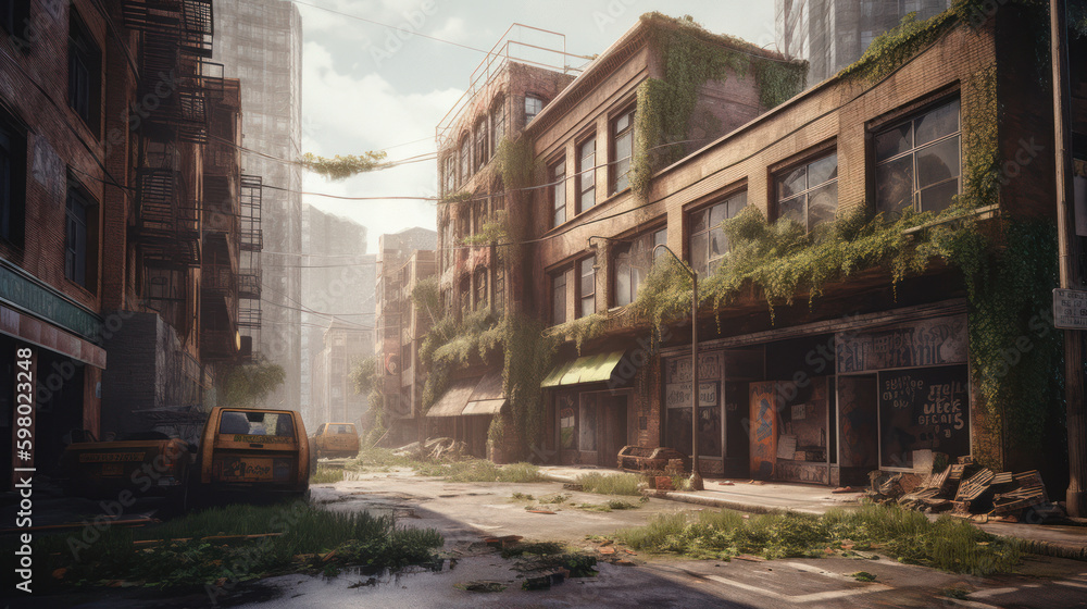 A desolate cityscape with ruins, vegetation and rusty old cars, generative ai A desolate cityscape with ruins, vegetation and rusty old cars, generative ai