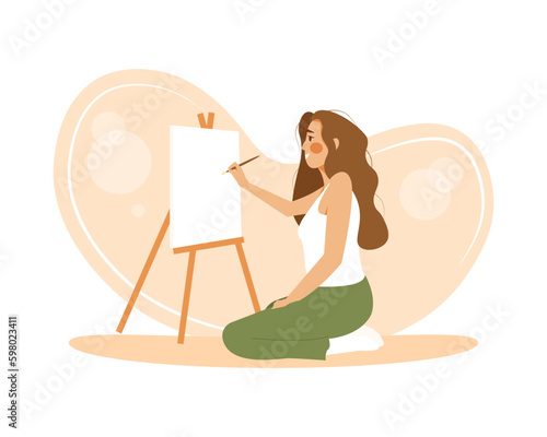 Smiling woman artist drawing on easel. Young creative girl begins to paint a new picture on blank canvas. Flat cartoon vector character. Concept of art hobby or occupation