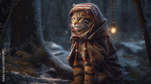 Tiny cute and adorable tiger with coat in winter, generative ai