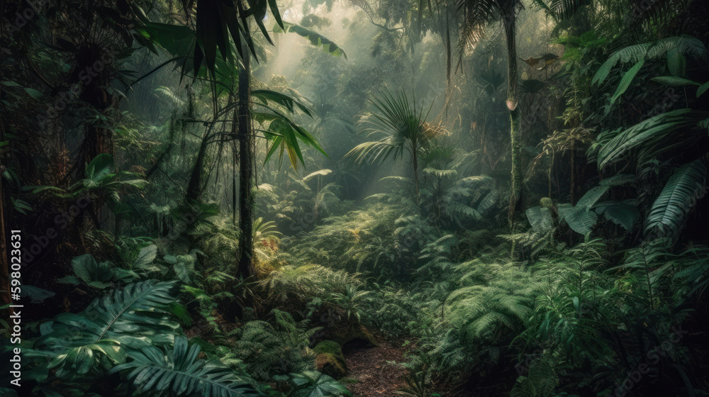 Humid tropical jungle with sun and fog around, generative ai