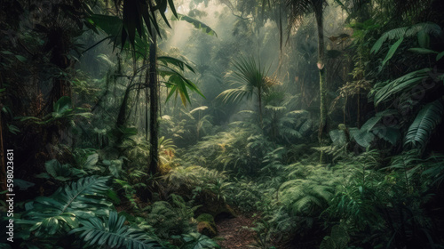 Humid tropical jungle with sun and fog around  generative ai
