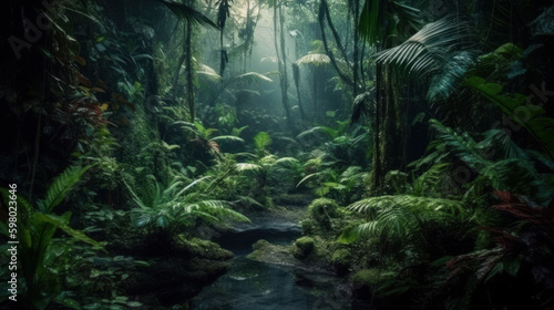Humid tropical jungle with sun and fog around, generative ai