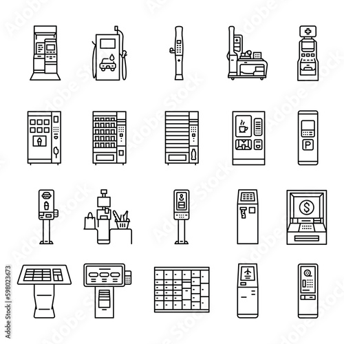 Self-service machines black line icons set.