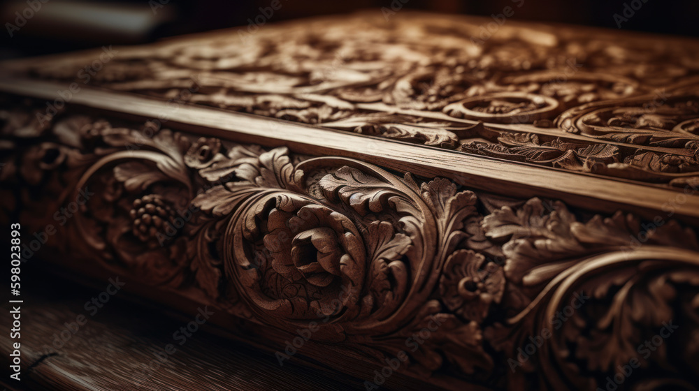 Beauty carving on wood, ornament carved into a wood desk, generative ai Beauty carving on wood, ornament carved into a wood desk, generative ai