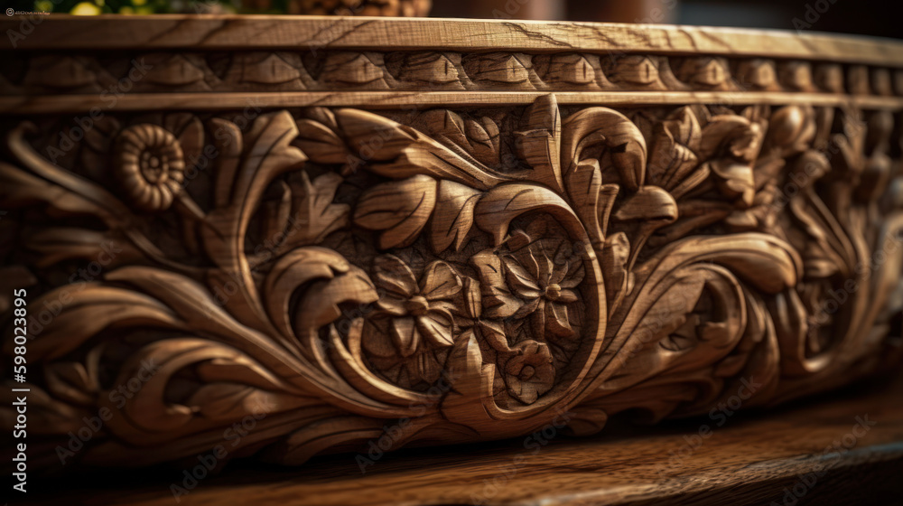 Beauty carving on wood, ornament carved into a wood desk, generative ai