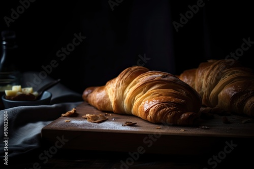 Fresh delicious croissants on a dark background
