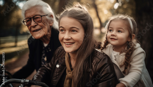 Grandpa spending time with his granddaughters. Family concept. Generative AI illustrations