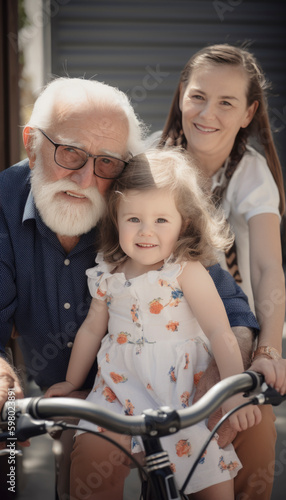 Grandpa spending time with his granddaughters. Family concept. Generative AI illustrations