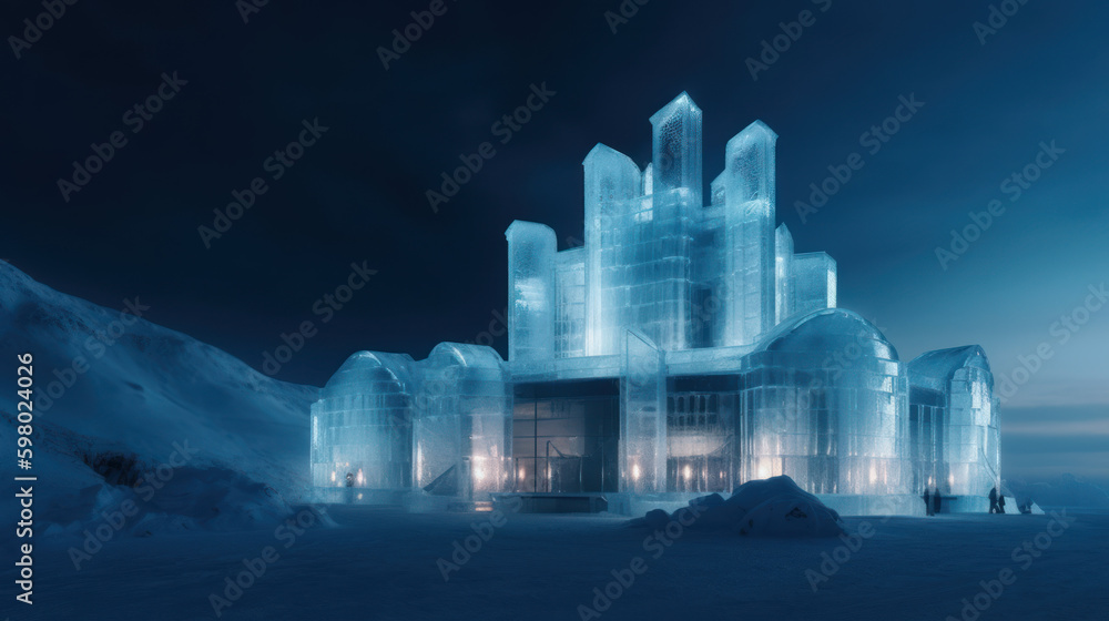 Architecture bade from ice, city inside an glacier, shiny ice buildings